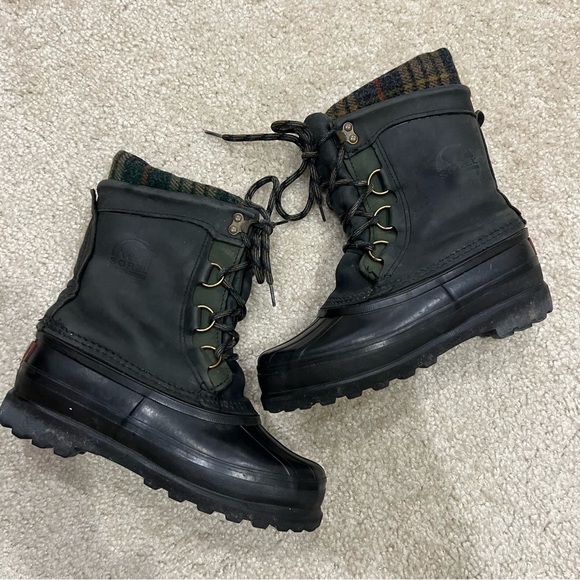 Sorel Women Lace Up Mid Calf Winter Snow Boots Green Plaid Suede Rubber Size 6, - Picture 3 of 16